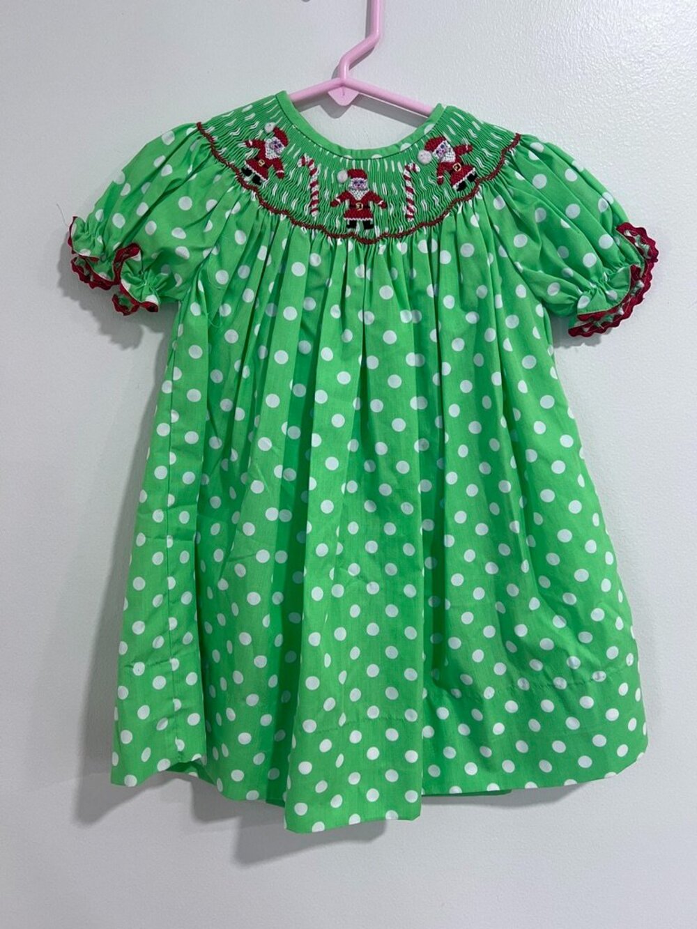 Boutique Green Polka Dot Smocked Christmas Santa Dress – Size 12M